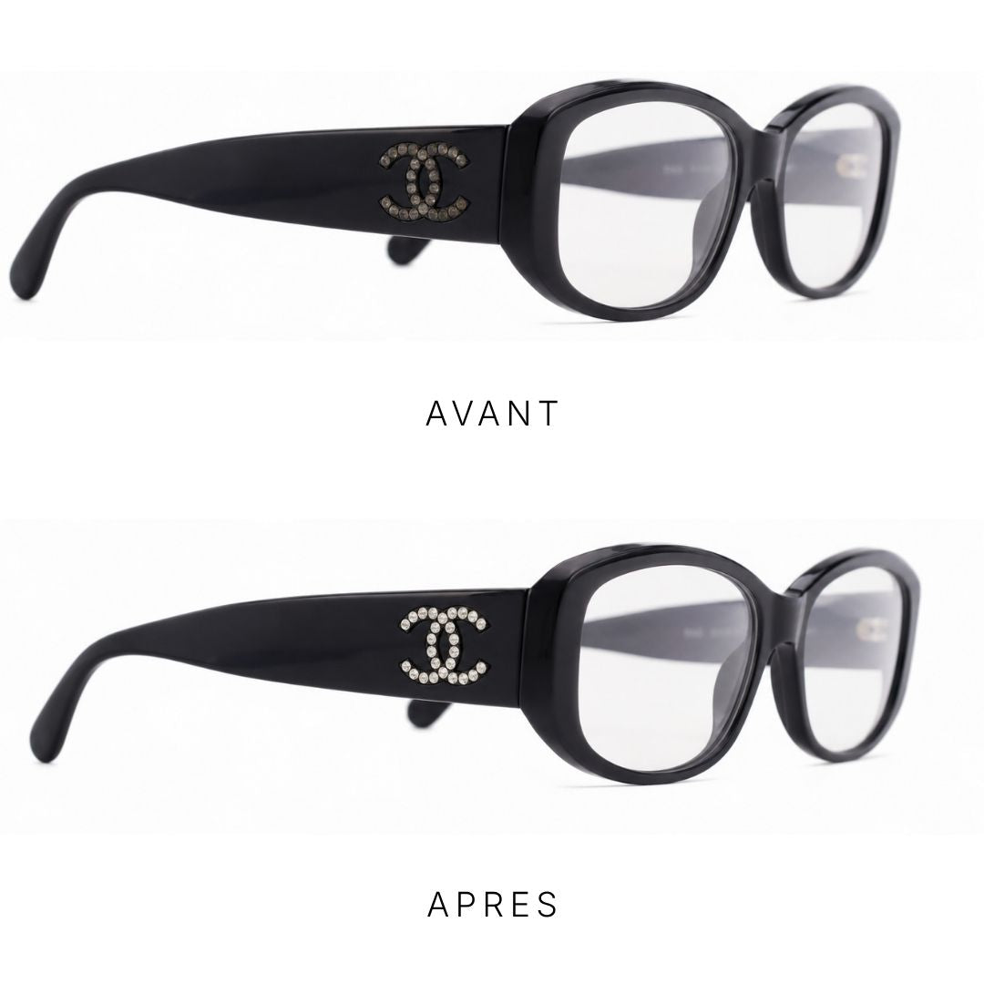 Strass du sigle CC ravivés sur une monture Chanel en acétate noir — Atelier Fouquet