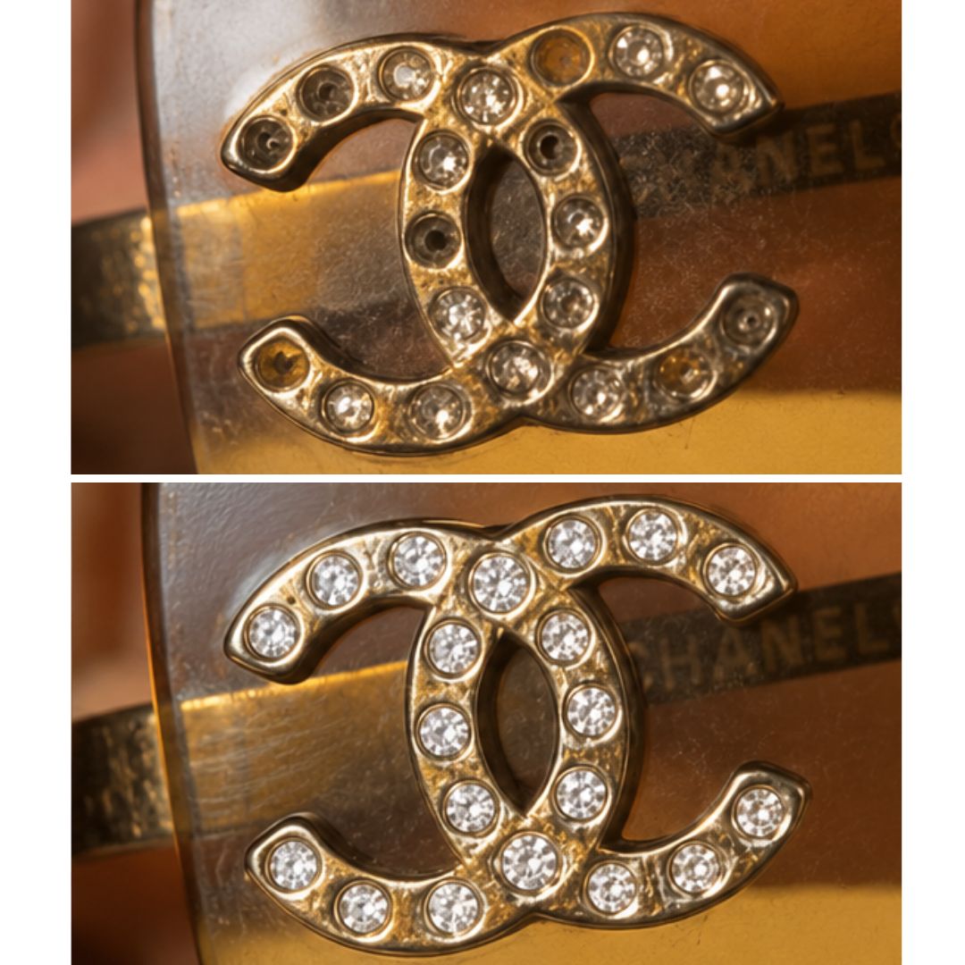 Logo CC aux strass ternis et manquants restauré pierre à pierre — re-strassage de lunettes